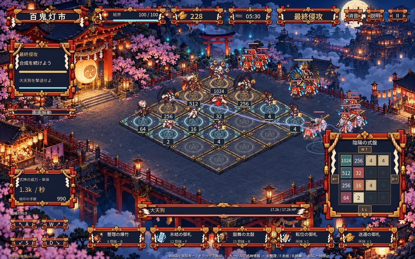実際の最終決戦。大天狗を迎え撃つ式神たちとボスの体力ゲージ