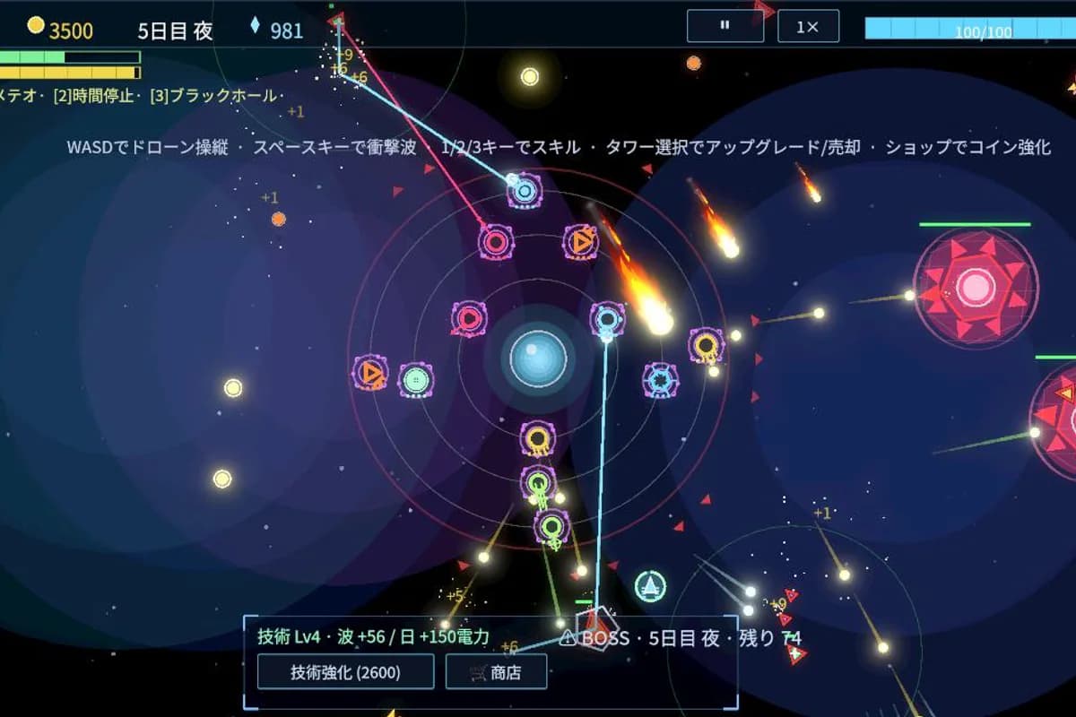 三つの軌道に異なるタワーを配置した高密度の防衛戦